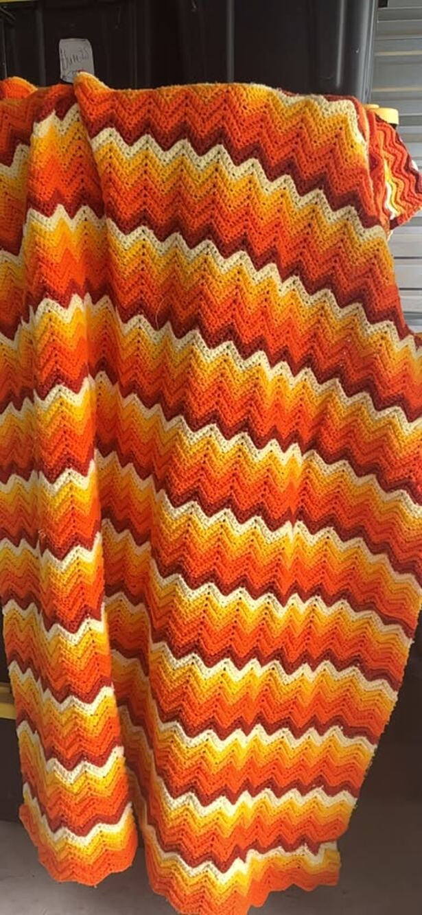 Vintage Style Crocheted Chevron Blanket Orange Yellow White